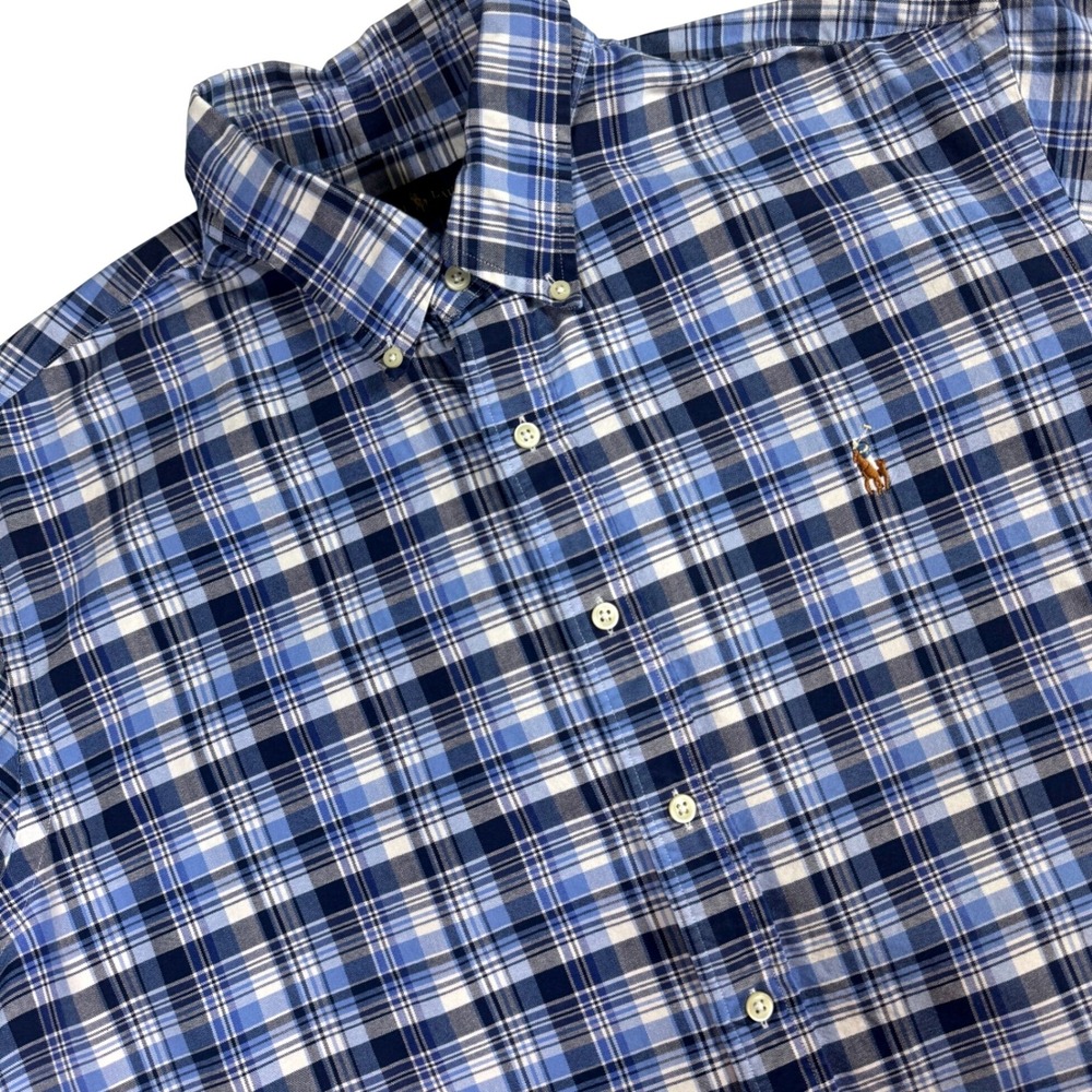 Polo Ralph Lauren Oxford Button Down Shirt Mens XXL Blue Plaid Short Sleeve